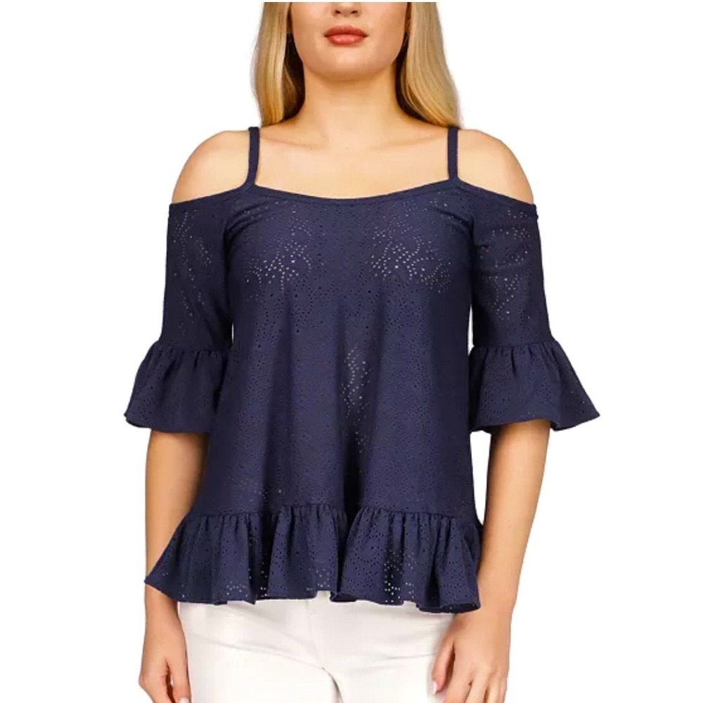 🌸🆕 MICHAEL Michael Kors Women's Navy Blue Eyelet Cold-Shoulder Ruffled Top